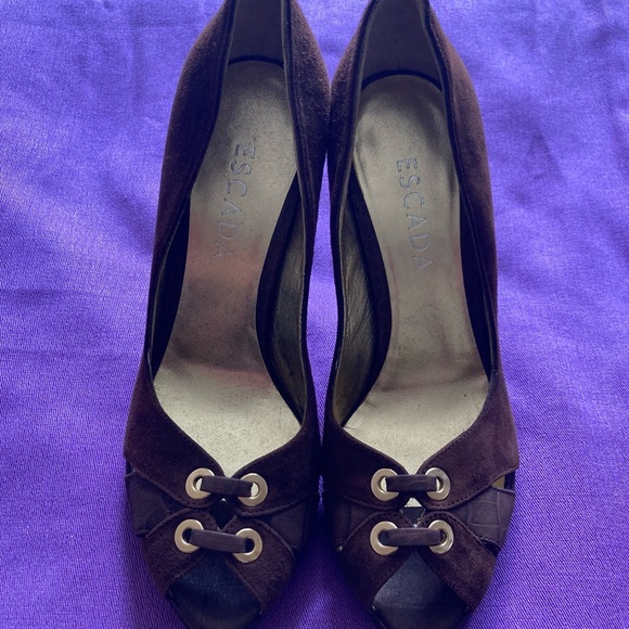 ESCADA Brown Leather Peep Toe Heels Size 38 - Picture 2 of 7